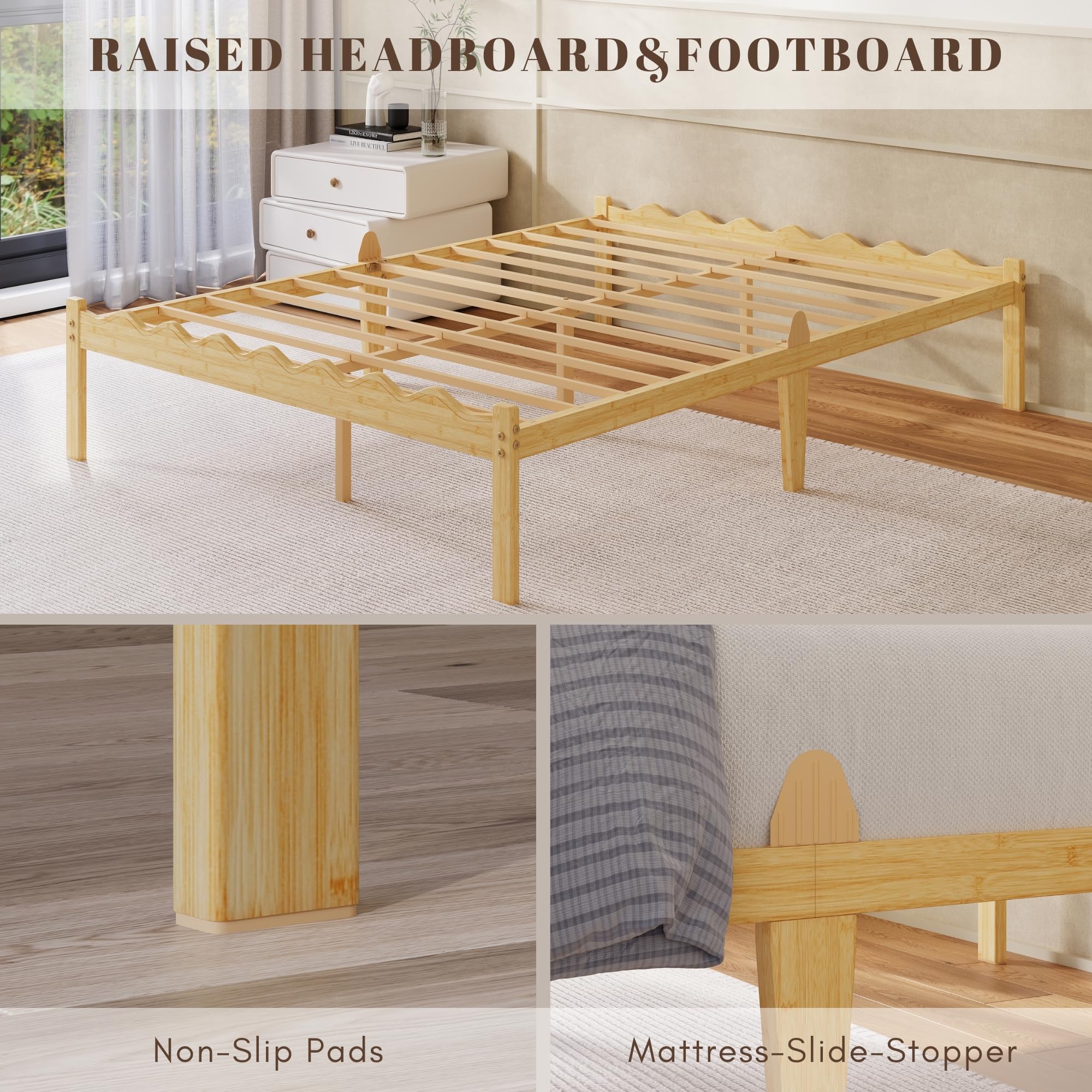 Hunlostten Wooden King Bed Frame - Modern Style Bamboo Wood Bed Frame with Headboard and Footboard Underbed Storage Slats Support Easy to Install