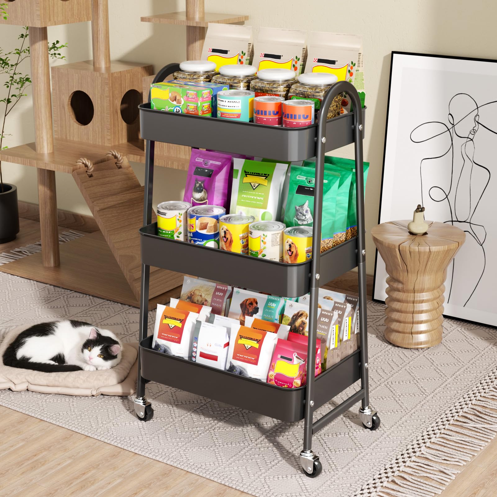 StowBin 3 Tier Metal Rolling Cart Kitchen Storage Cart with Wheels - Black