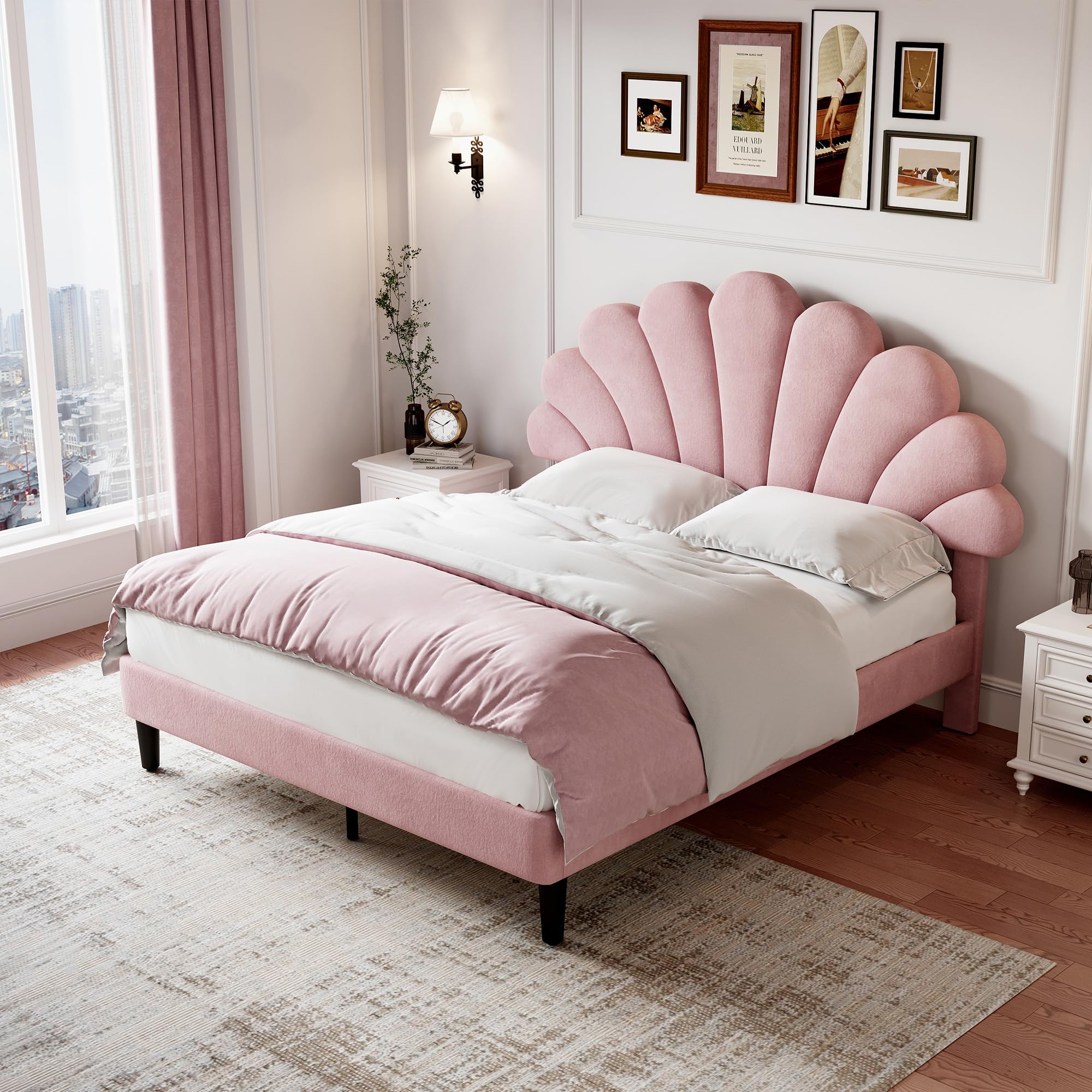 Merax 4ft6 Platform Bed Frame Double Upholstered with Adjustable Chic Petal Headboard, Solid Wood Slat Support, No Box Spring Needed