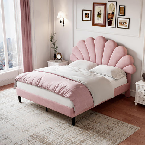 Merax 4ft6 Platform Bed Frame Double Upholstered with Adjustable Chic Petal Headboard, Solid Wood Slat Support, No Box Spring Needed