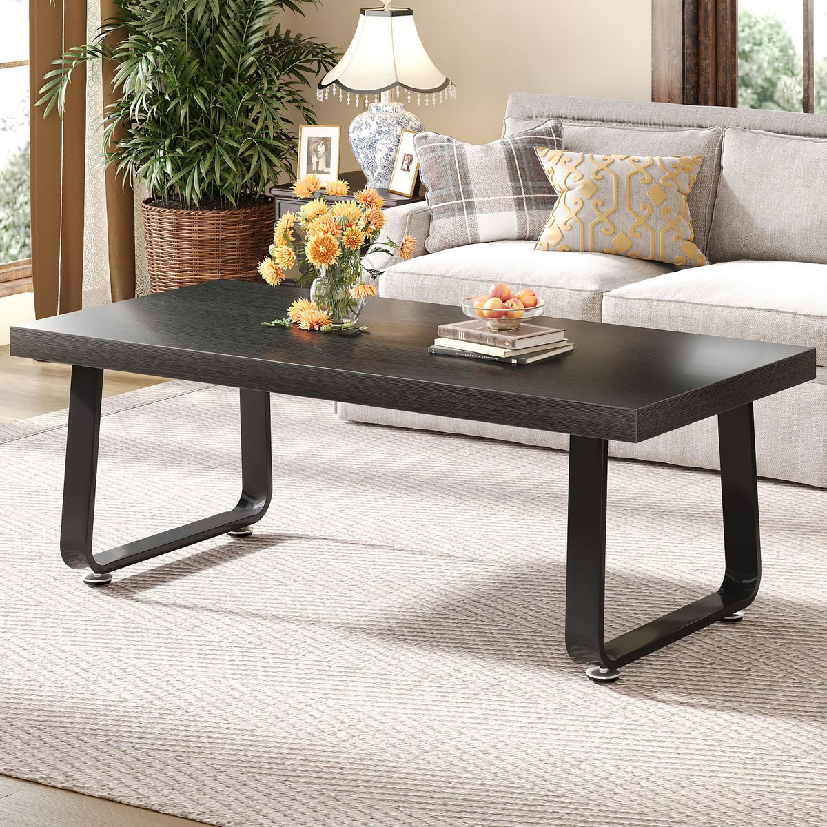 HSH Black Oak Coffee Table, 60D×120W×46.5H cm, Rustic Industrial Wooden Coffee Table for Living Room Bedroom Office