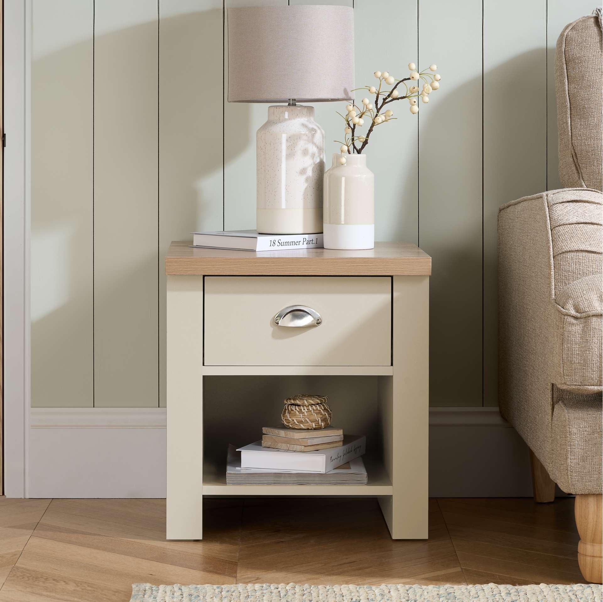 Birlea Highgate 1 Drawer Lamp Table Cream & Oak Effect