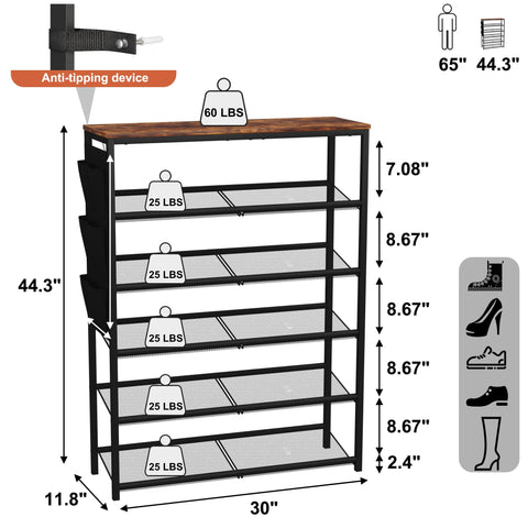HOME BI 6-Tier Shoe Rack, Shoe Storage Organizer with Adjustable Mesh Shelves and Side Hanging Pockets, Shoe Stand Shelf for Entryway Hallway