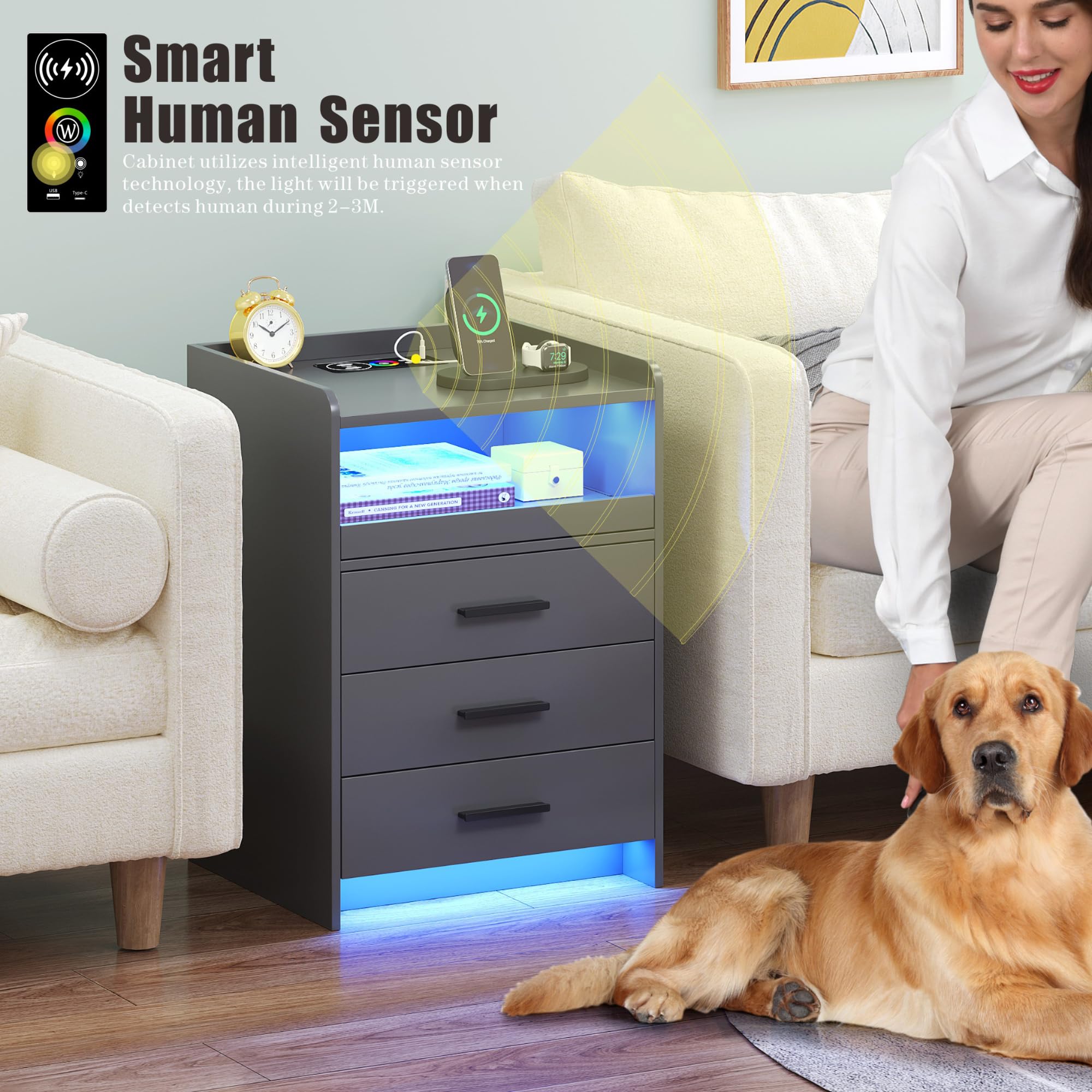 FREDEES Bedside Table with Charging Station and LED Lights, Grey