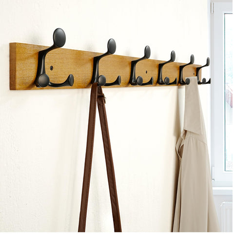 SKOLOO 99cm Light Brown Wood Coat Rack Wall Mount with 6 Triple Hooks - Ideal for Family Entrances, Classrooms, and Pet Supplies Storage