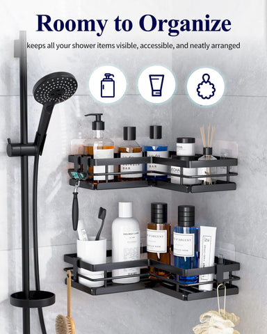 Kitsure Corner Shower Caddy – 2-Pack Adhesive Bathroom Shelves, Black, L