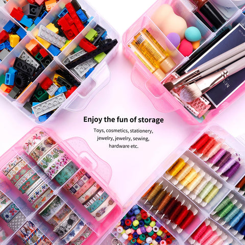SGHUO 3-Tier Pink Craft Storage Container Box, Stackable Organizer Box with Dividers for Art Supplies, Beads, Washi Tapes, Seed, Hair Accessories