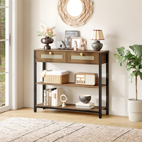 HOOBRO Rattan-Like Console Table, 3-Tier Hallway Table with 2 Flip-Down Drawers and Storage Shelves, 80 cm, Open and Hidden Storage Space