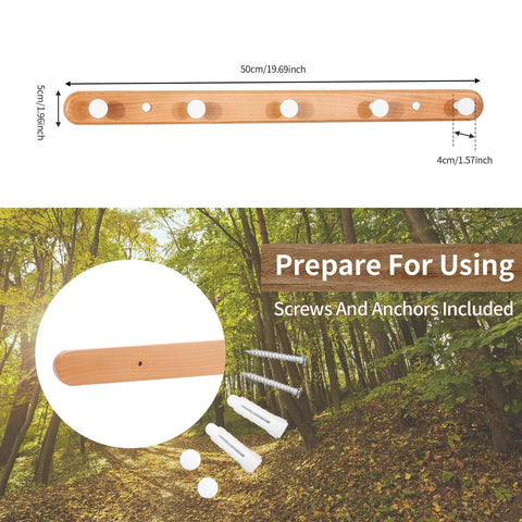 SARIHOSY 5-Hook Wall-Mounted Coat Hooks with White Zinc Alloy Coat Hook Oak Wooden Base for Bathroom Kithchen Coat Rack Round Hook-5 Hooks Clothes