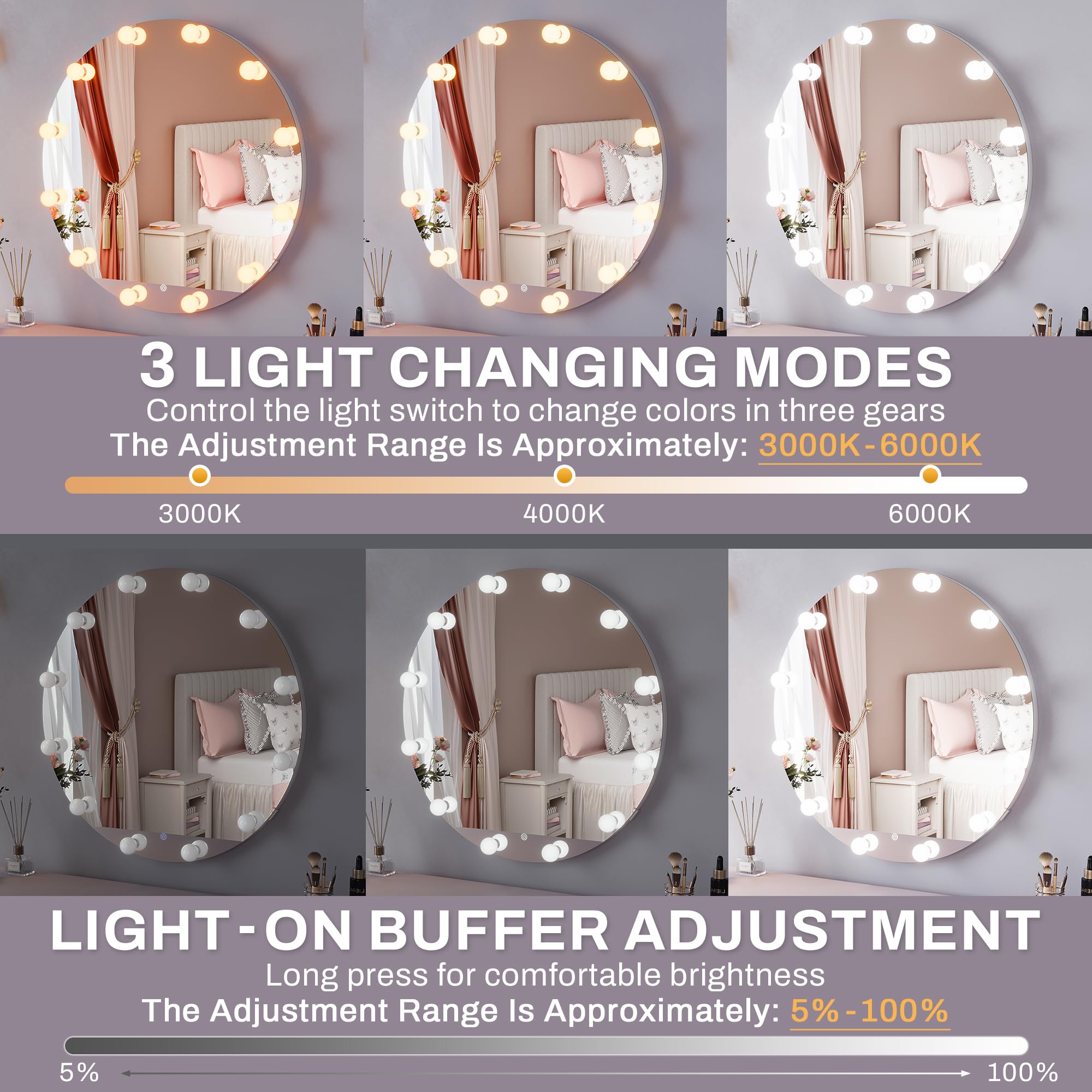 ELEGANT Wall Mounted Dressing Table with Mirror and Adjustable LED Bulbs, White Floating Shelf with Partition Storage