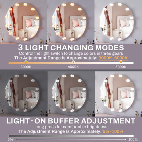 ELEGANT Wall Mounted Dressing Table with Mirror and Adjustable LED Bulbs, White Floating Shelf with Partition Storage