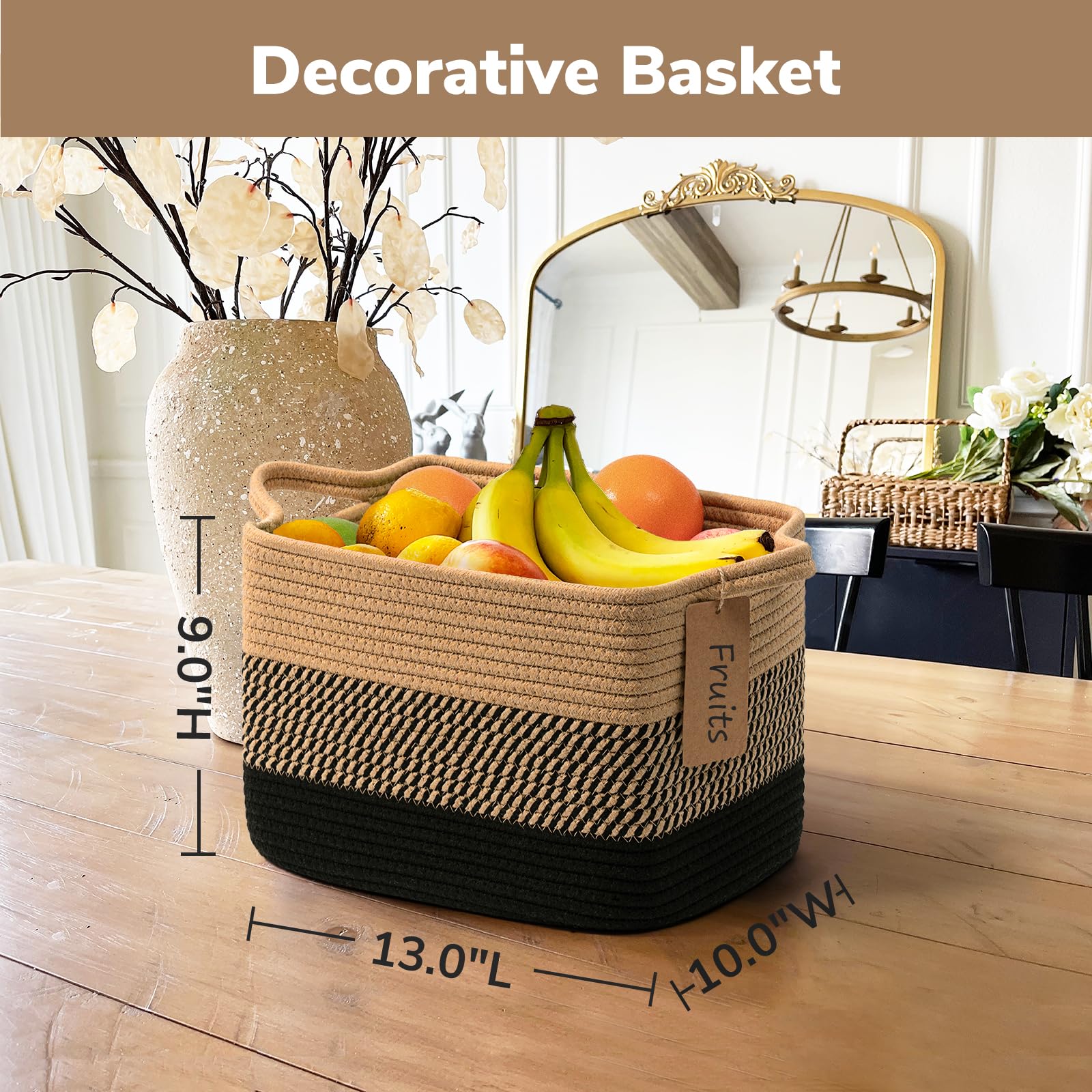 TIMEYARD 3 Pack Storage Baskets for Shelves Woven Cotton Rope Basket Black