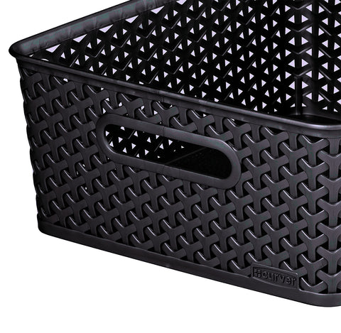 Curver My Style Rattan Effect Set of 3 Kitchen, Living room, Bathroom, Bedroom, Utility Medium Rectangular Storage Baskets 12 Litres - Anthracite