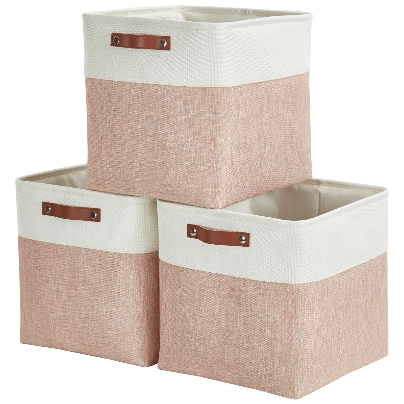 Mangata Collapsible Storage Cube Boxes, 33x38x33CM Linen Woven Fabric Storage Baskets with Leather Handles 3PCS(Pink and White)