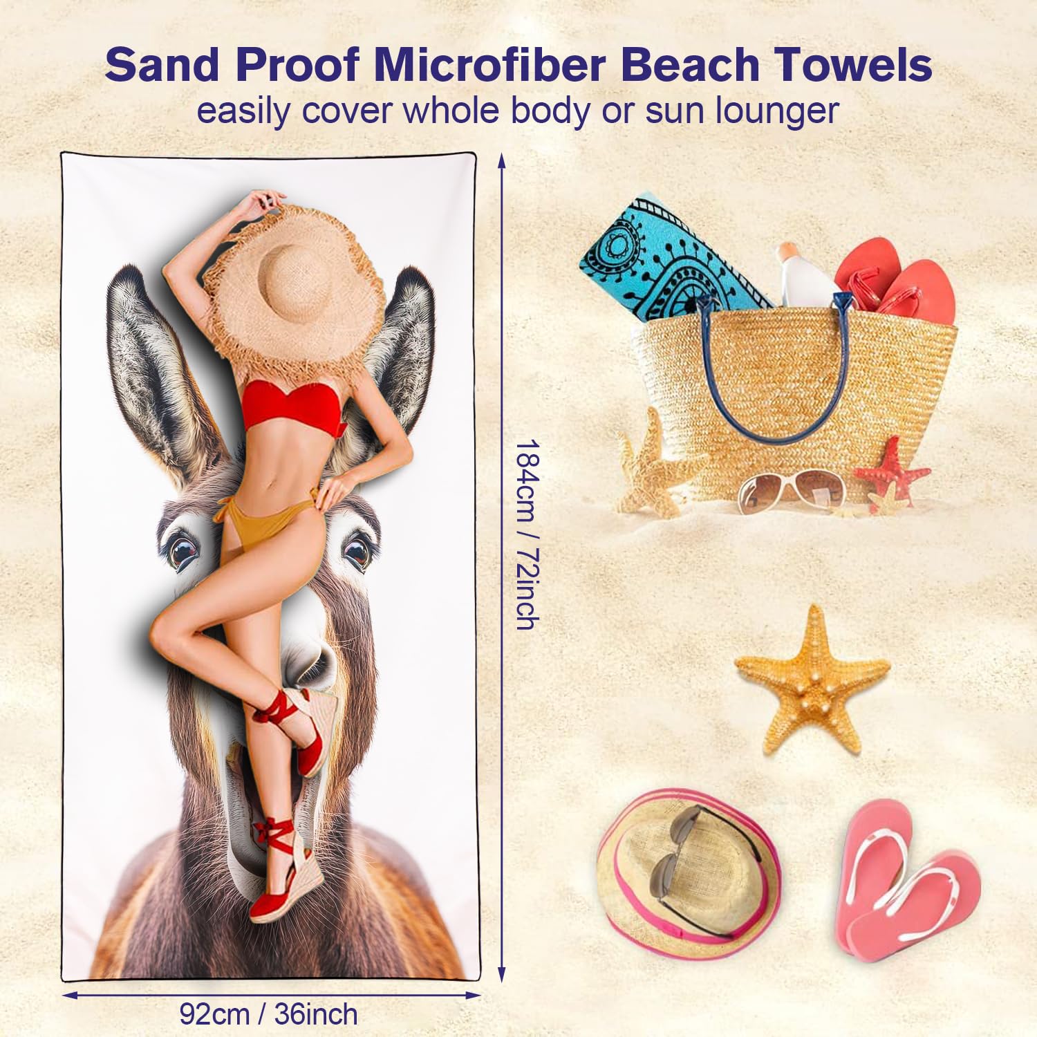 Violetpos Laughing Donkey Beach Towel, Extra Large 180x90 cm 250GSM Microfibre, Sand Free Quick Dry