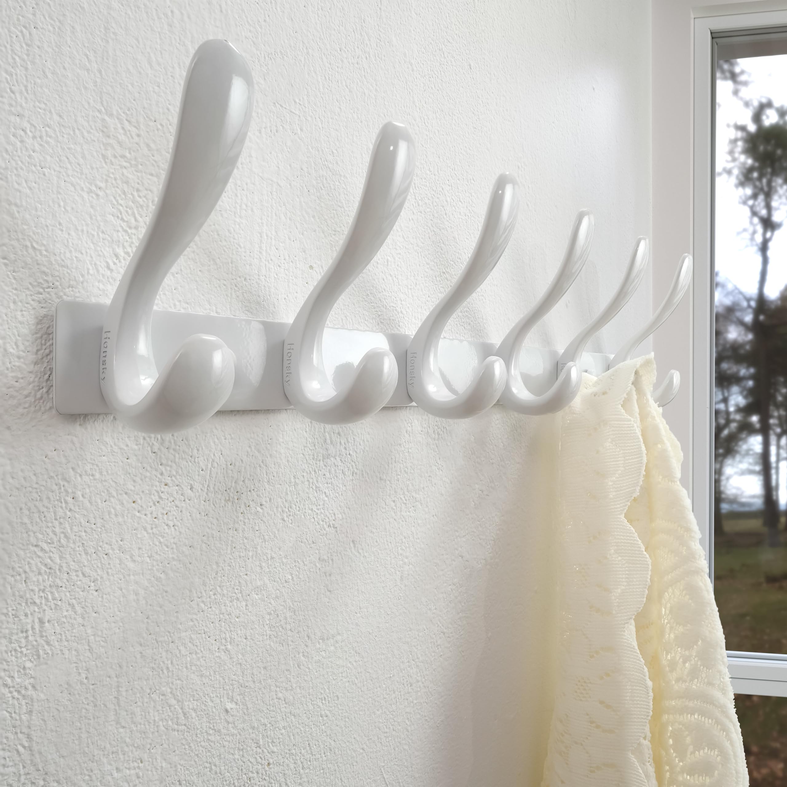 HONSKY 44cm Wall Mounted Coat Rack with 6 Doube Metal Hooks, White