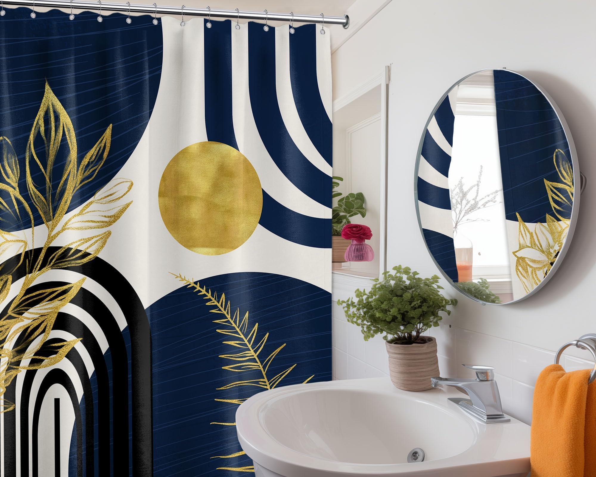LanZanthic Blue and Gold Shower Curtains for Bathroom Dark Navy Blue Abstract Mid Century Modern Wet Room Shower Curtain with hooks