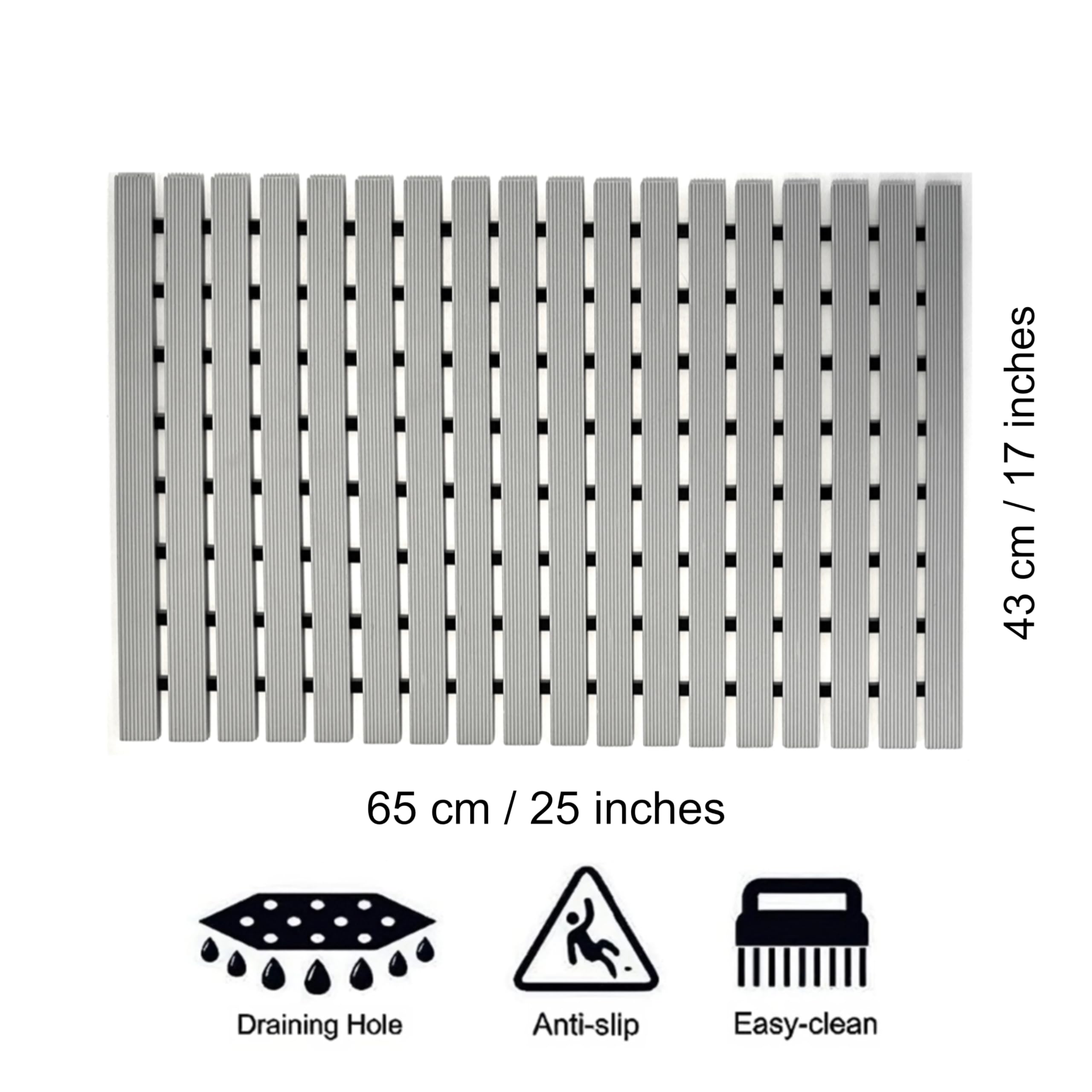 Nicoman Shower Mat Non-Slip Bath Drainage Matt Slatted Duckboard Design| GREY - (64x43cm / 25x17 inches)