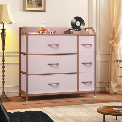 YITAHOME Chest of Drawer with 6 Drawers for Bedroom Fabric Dresser Storage Drawers With Handles Metal Frame for Living Room, Hallway,Pink