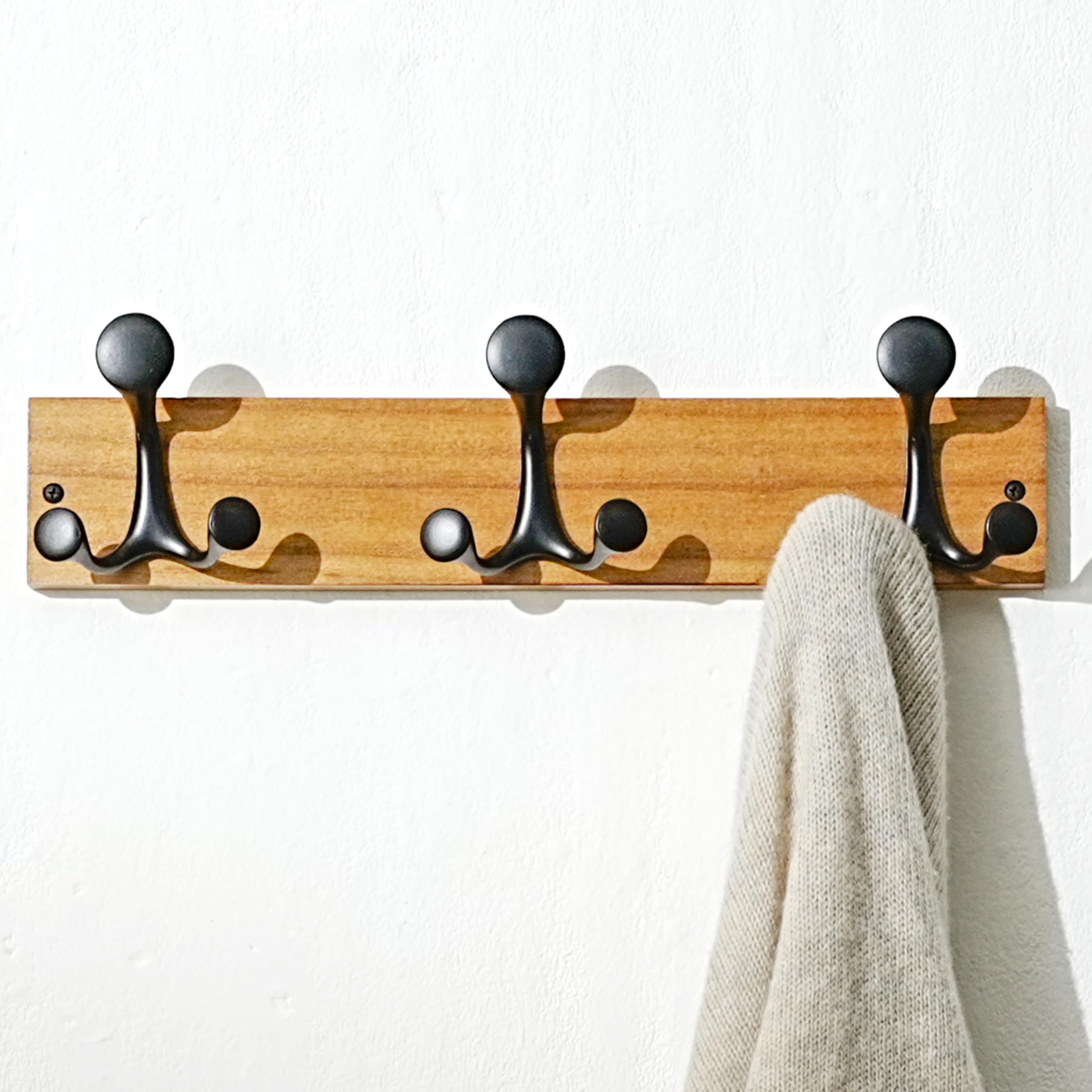 SKOLOO 43cm Light Brown Wood Coat Rack Wall Mount with 3 Triple Hooks - Ideal for Family Entrances, Classrooms, and Pet Supplies Storage
