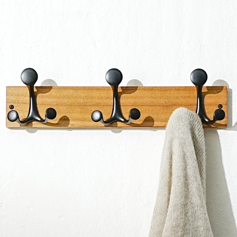 SKOLOO 43cm Light Brown Wood Coat Rack Wall Mount with 3 Triple Hooks - Ideal for Family Entrances, Classrooms, and Pet Supplies Storage