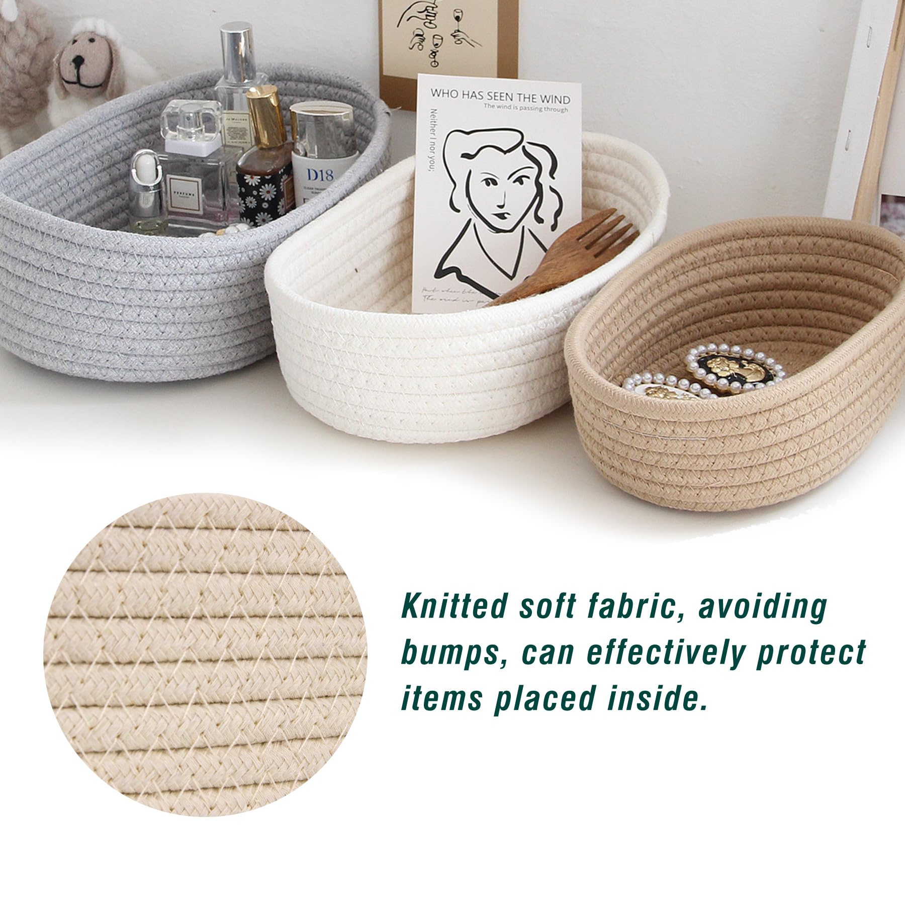 Spesh Cotton Rope Storage Baskets, Set of 3 Woven Shelf Baskets Oval Cotton Storage Boxes Empty Hampers Organiser Bins(White)