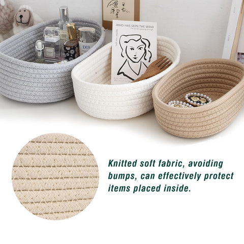 Spesh Cotton Rope Storage Baskets, Set of 3 Woven Shelf Baskets Oval Cotton Storage Boxes Empty Hampers Organiser Bins(White)