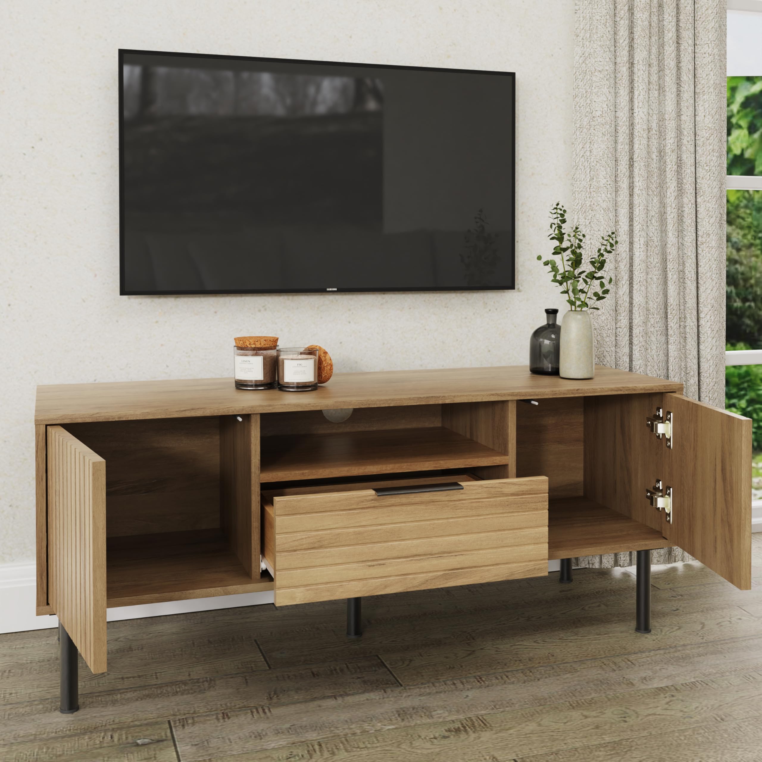 GFW Nervata TV Unit, Oak Effect Media Storage Cabinet with 1 Drawer and 2 Doors, Black and Gold Art Deco Style TV Stand for Living Room Furniture