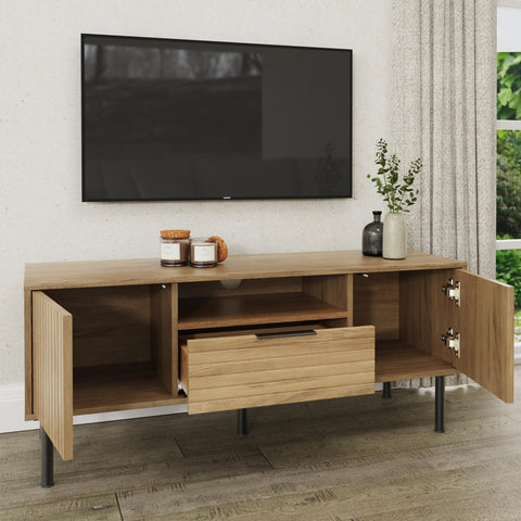 GFW Nervata TV Unit, Oak Effect Media Storage Cabinet with 1 Drawer and 2 Doors, Black and Gold Art Deco Style TV Stand for Living Room Furniture