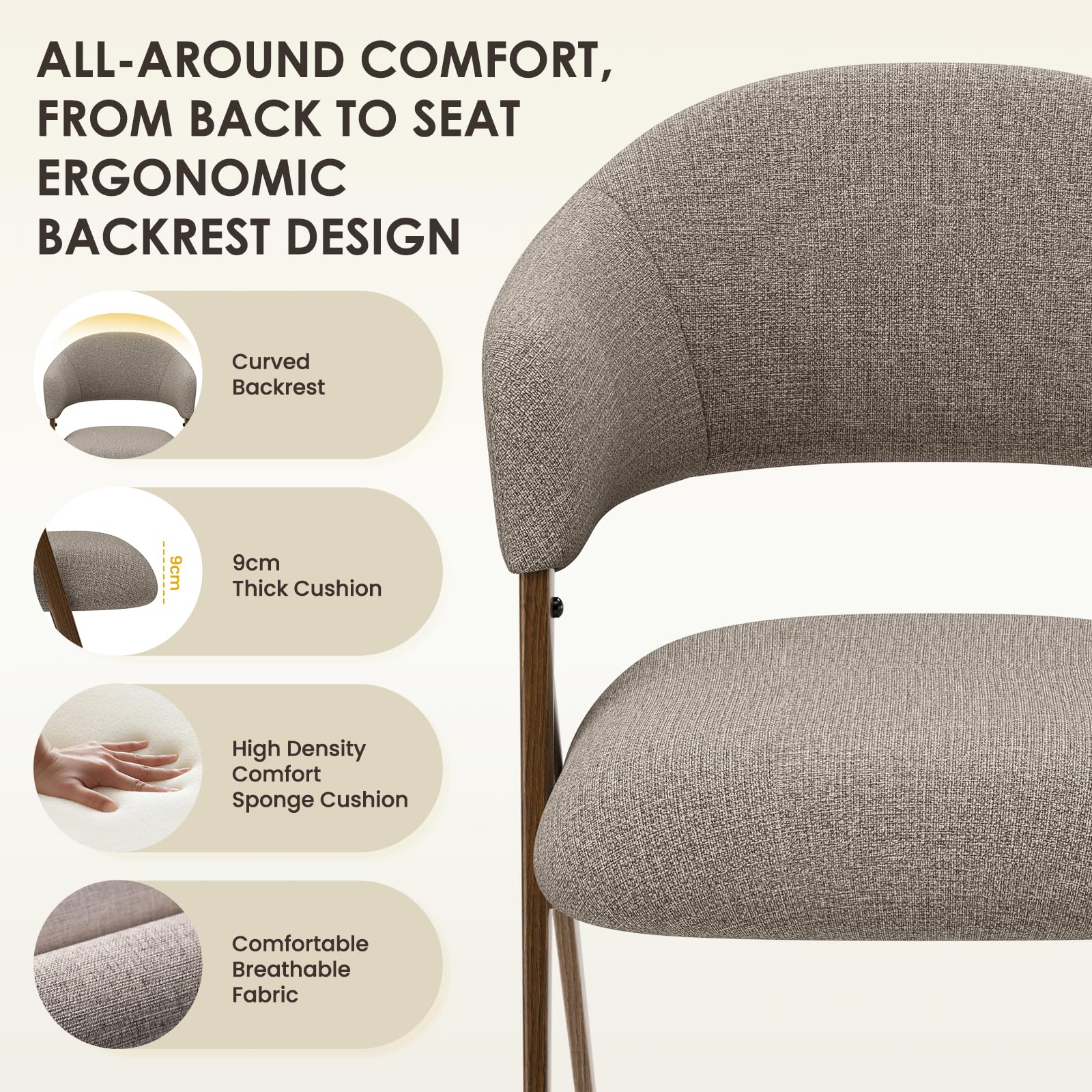 COLAMY Ergonomic Linen Dining Chair with 135° Recline, Breathable Cotton-Linen Fabric, Wooden-Look Metal Legs, 125kg Capacity