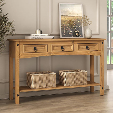 Corona Console Hall Table 3 Drawer Solid Pine Wood with Wax Finish Mexican Style Black Metal Hardware W 122 cm x D 32 cm x H 73 cm