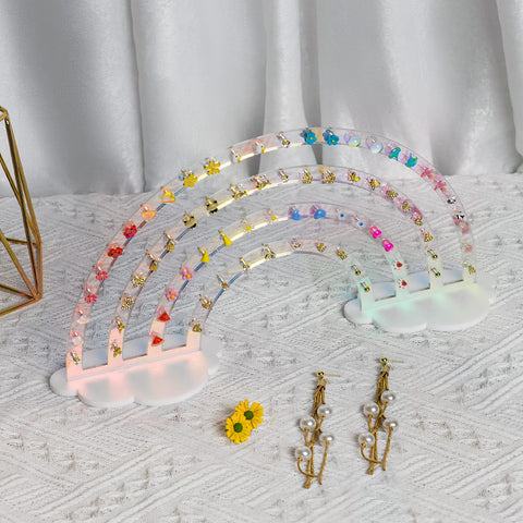 NiHome Iridescent Earrings Holder, 74 Holes Rainbow Acrylic Jewelry Display Stand Organizer, Clear Durable Plastic Earring Rack for Girls Women
