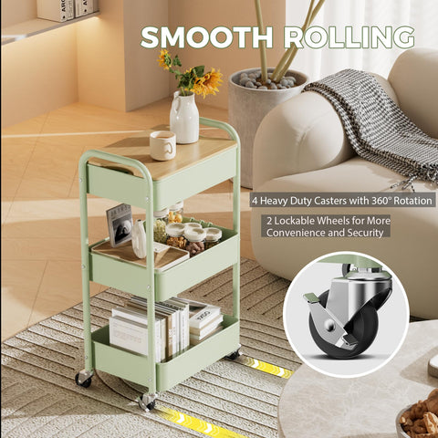 Shrivee 3 Tier Rolling Cart with Table top, Metal Rolling Utility Cart on Wheels, Sturdy Storage Organizer Cart with Hooks for Office, Classroom