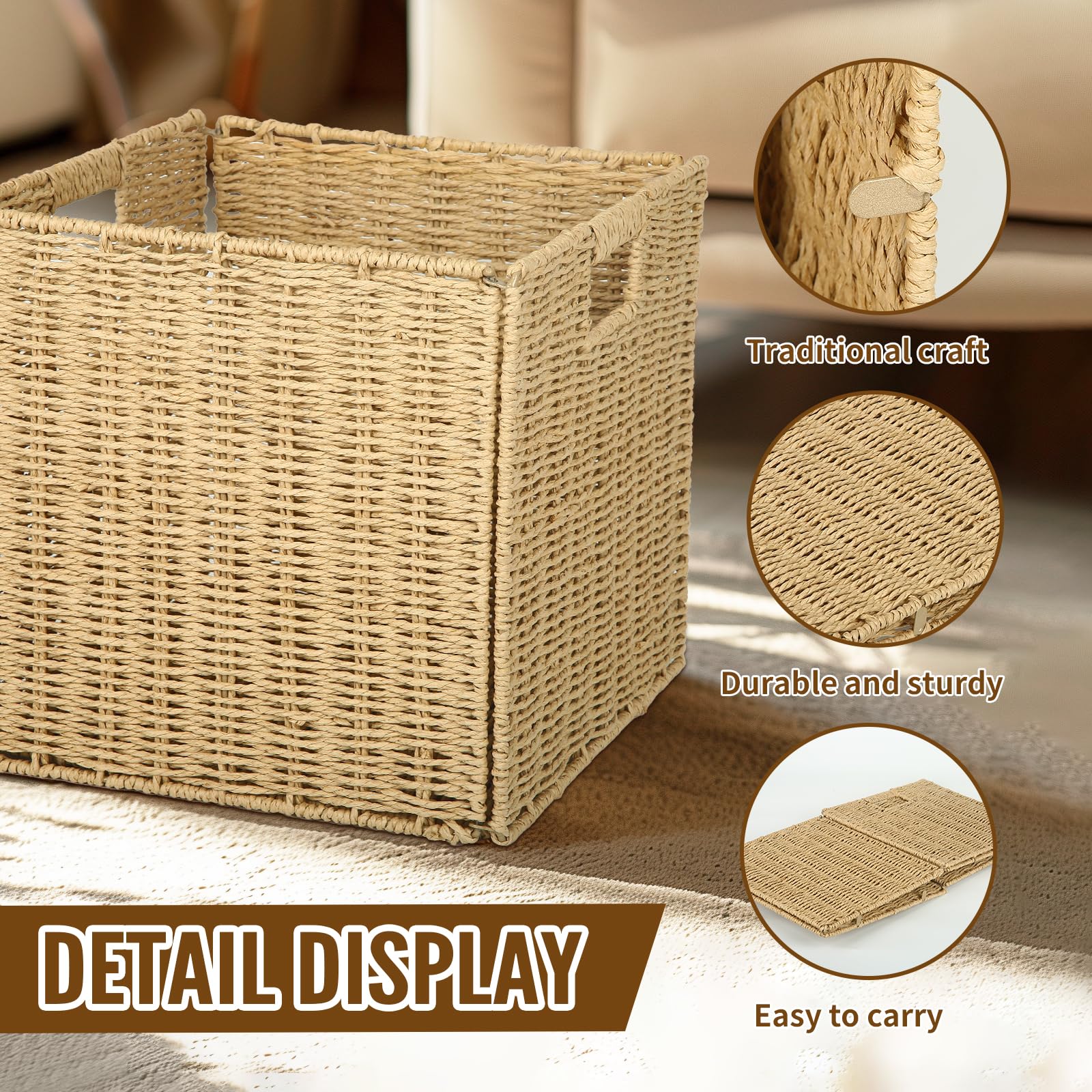 Collapsible Storage Basket 2 pcs, storage boxes for shelves, With Insertion Handle,12 * 12 * 12 In Hand-Woven Seagrass Storage Basket