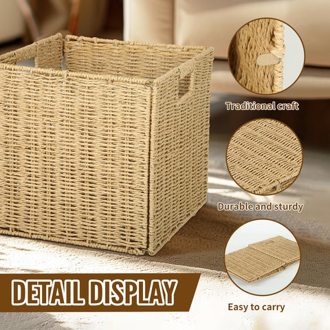 Collapsible Storage Basket 2 pcs, storage boxes for shelves, With Insertion Handle,12 * 12 * 12 In Hand-Woven Seagrass Storage Basket