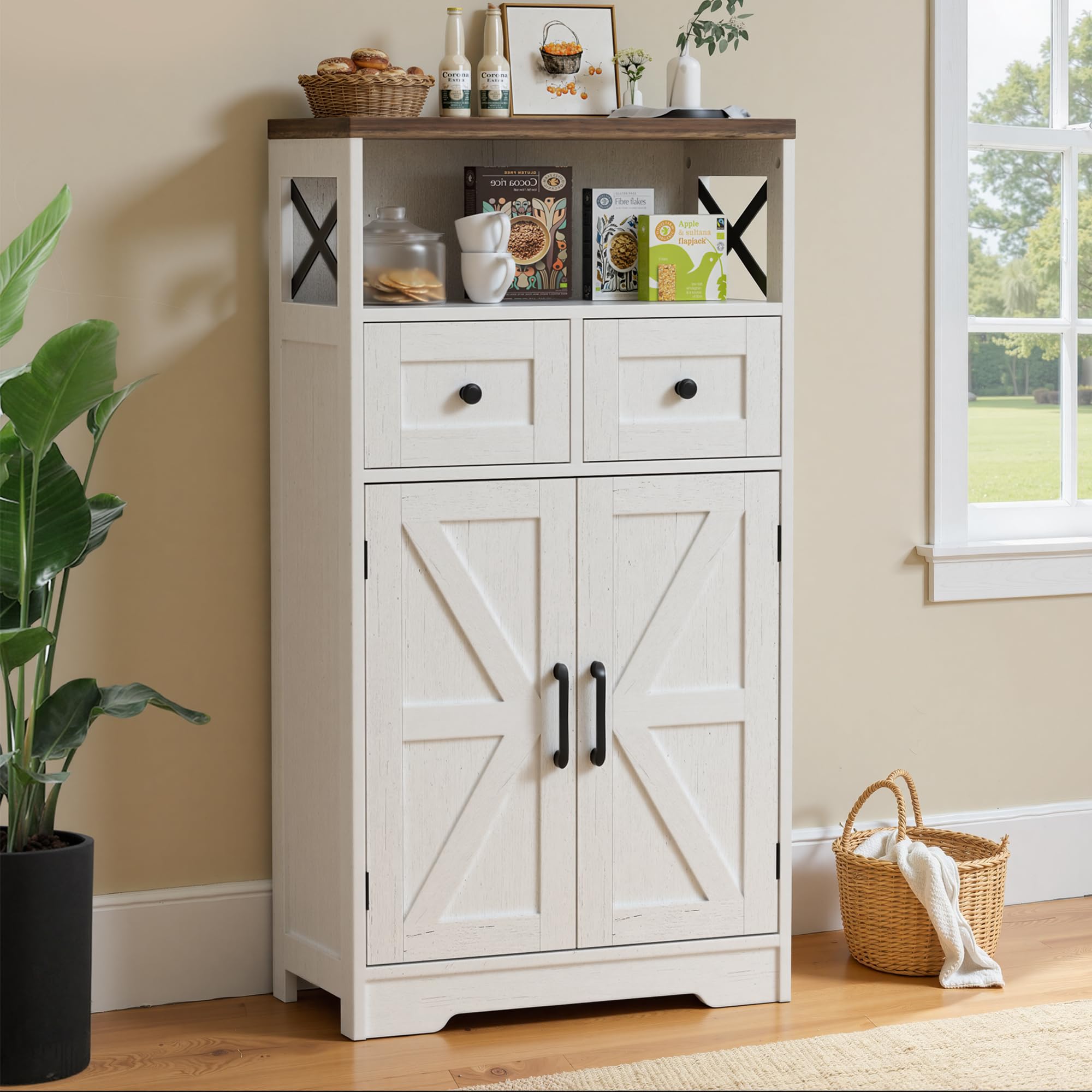 BonVache Sideboard Cabinet,Kitchen Storage Cabinet with 2 Drawers and Open Shelf,Modern High Capacity Unit Cupboard for Living Room,Kitchen,Home,White