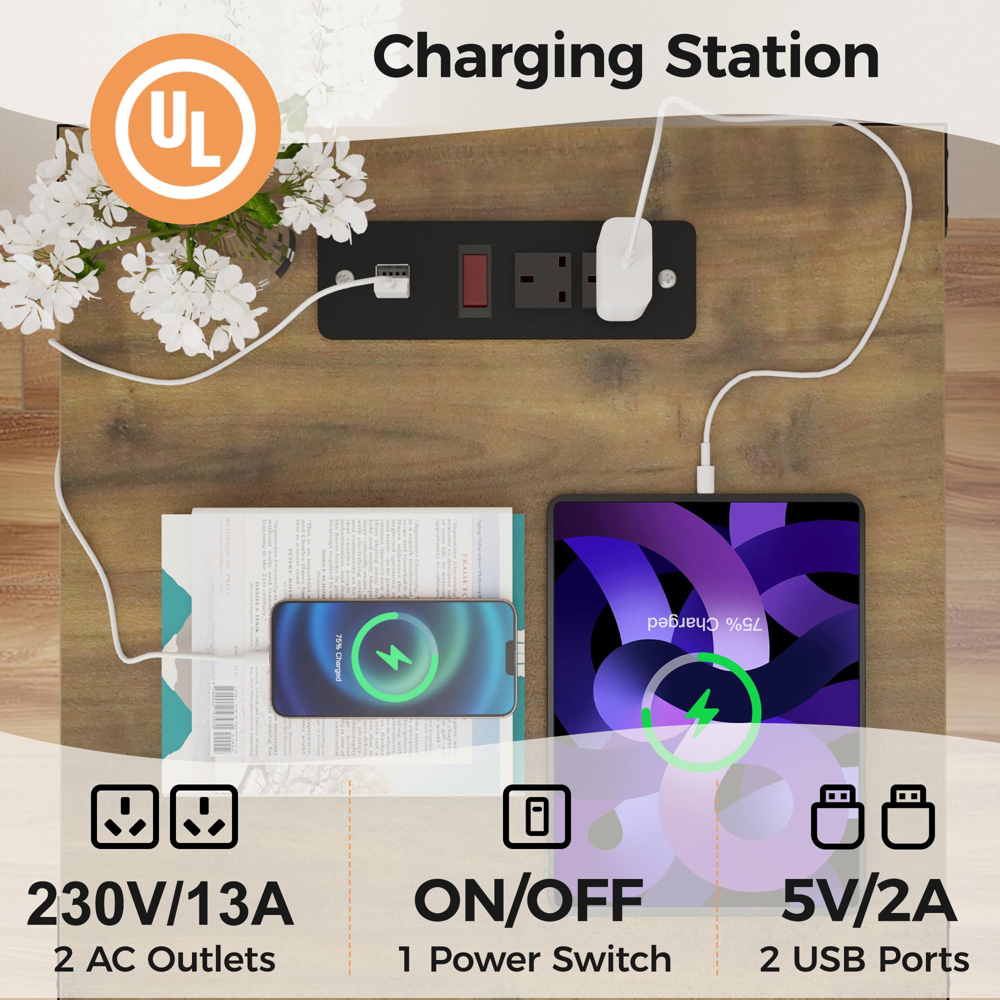 SUNVIVI Bedside Table with Charging Station, 2 AC Outlets & 2 USB Ports, Farmhouse Side Table with X-Design Storage Shelf