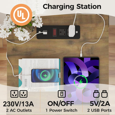 SUNVIVI Bedside Table with Charging Station, 2 AC Outlets & 2 USB Ports, Farmhouse Side Table with X-Design Storage Shelf