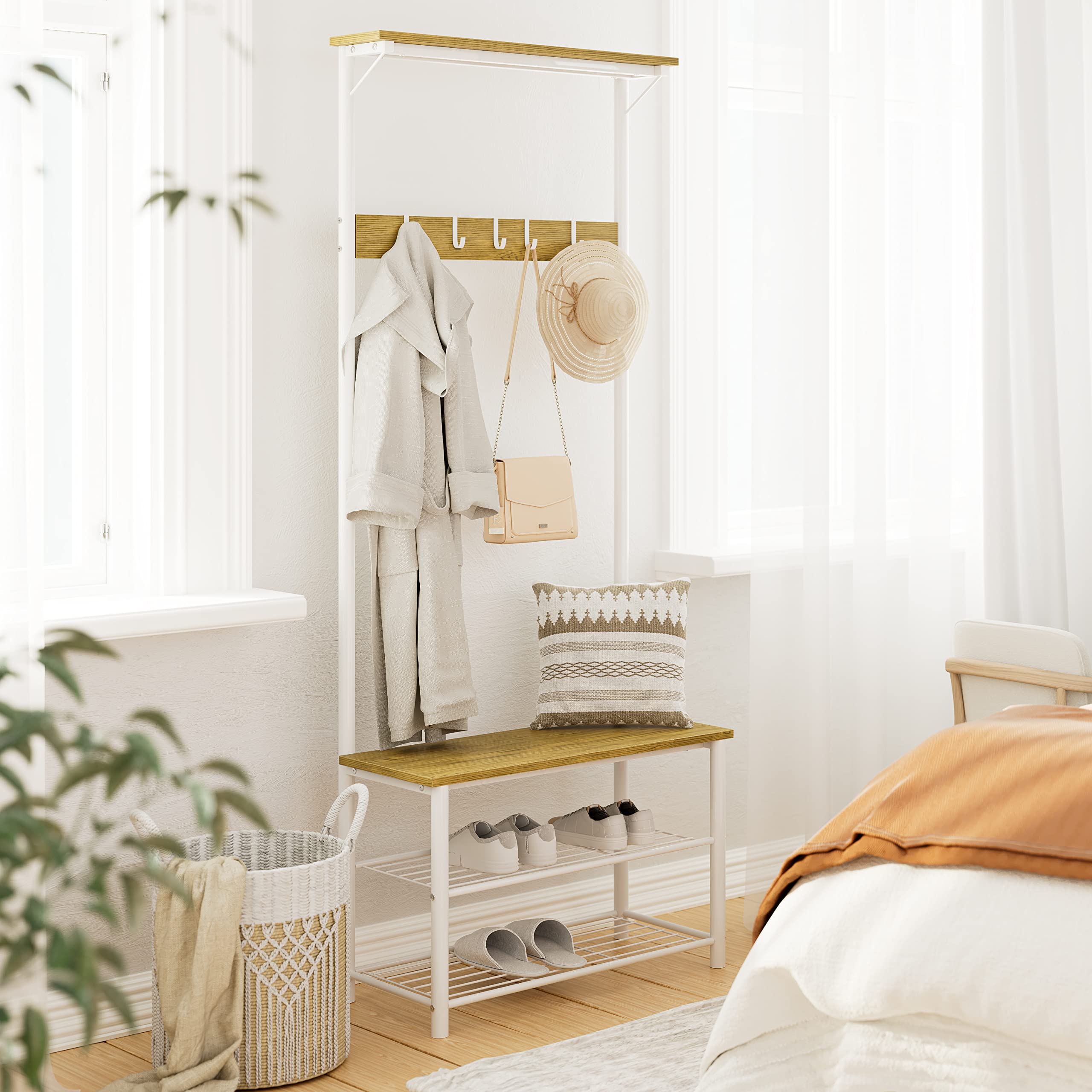 HEYZOEY Coat Stand, Coat Rack with Shoe Storage, 3-in-1 Freestanding Wooden Coat Rack with Shoe Bench and Rack, 3-Tier Shelf and 4 Removable Hooks