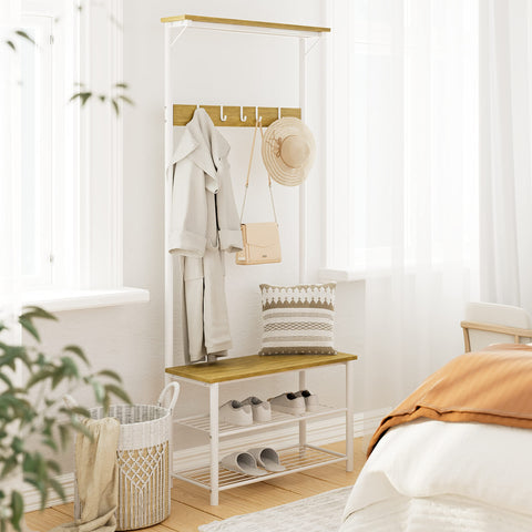 HEYZOEY Coat Stand, Coat Rack with Shoe Storage, 3-in-1 Freestanding Wooden Coat Rack with Shoe Bench and Rack, 3-Tier Shelf and 4 Removable Hooks