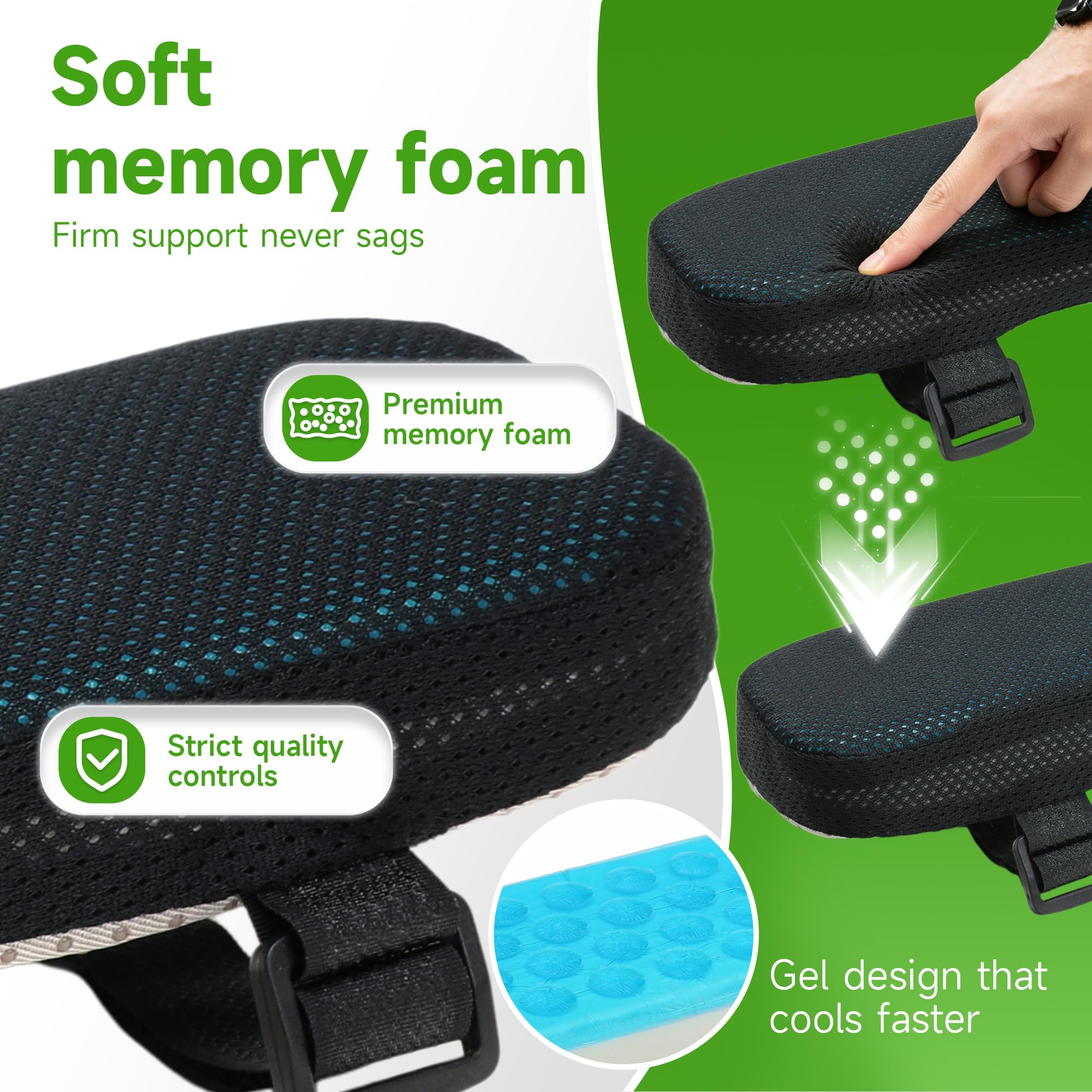 LargeLeaf Gaming Chair Armrest Memory Foam Cushions - Elbow Pillow Pressure Relief with Cooling Gel (2-Piece Set)