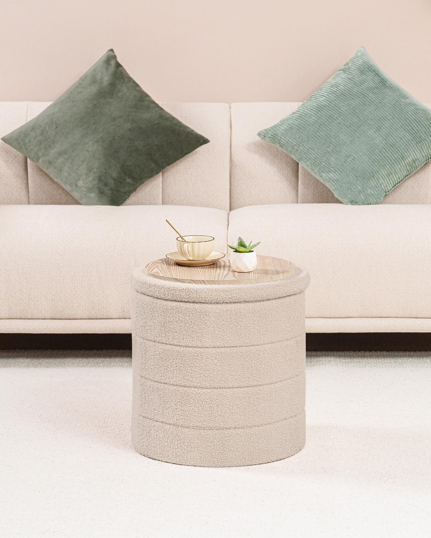 Bonlife Boucle Ottoman Storage, Foot Rest Stool Seat, Folding Footstool for Living Room, Sherpa Ottoman for Bedroom, Beige, 43x43x45 cm