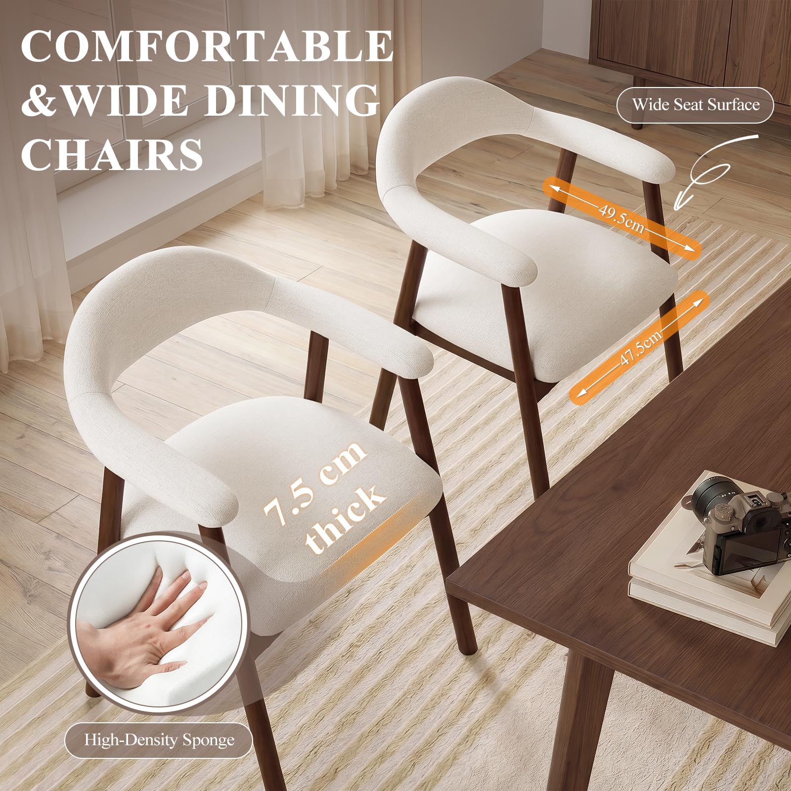 MALOL Wooden Dining Chairs Set of 2, Fabric Chairs for Dining Room with Armrest, Upholstered Kitchen Chairs with Curved Back and Wood Legs for Dining