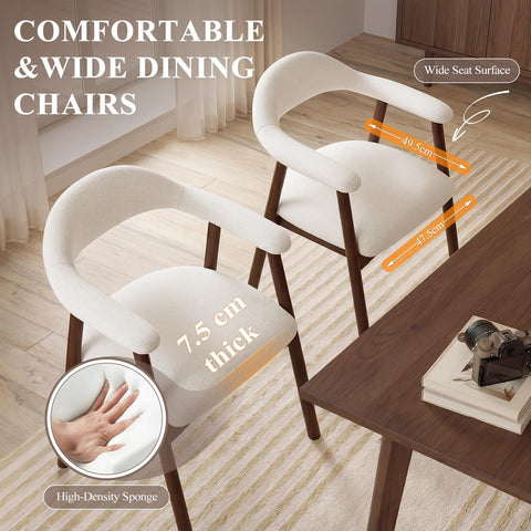 MALOL Wooden Dining Chairs Set of 2, Fabric Chairs for Dining Room with Armrest, Upholstered Kitchen Chairs with Curved Back and Wood Legs for Dining
