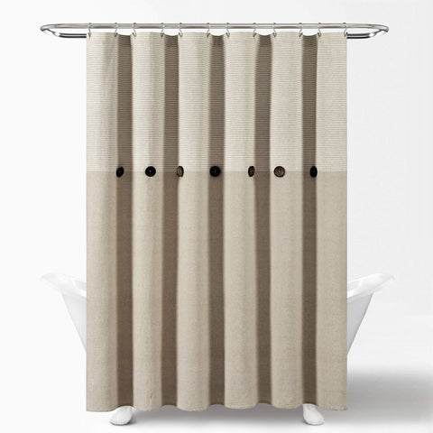 Lush Decor Beige Linen Woven Cotton Shower Curtain, Farmhouse Button Stripe, Yarn Dyed (72" x 72")