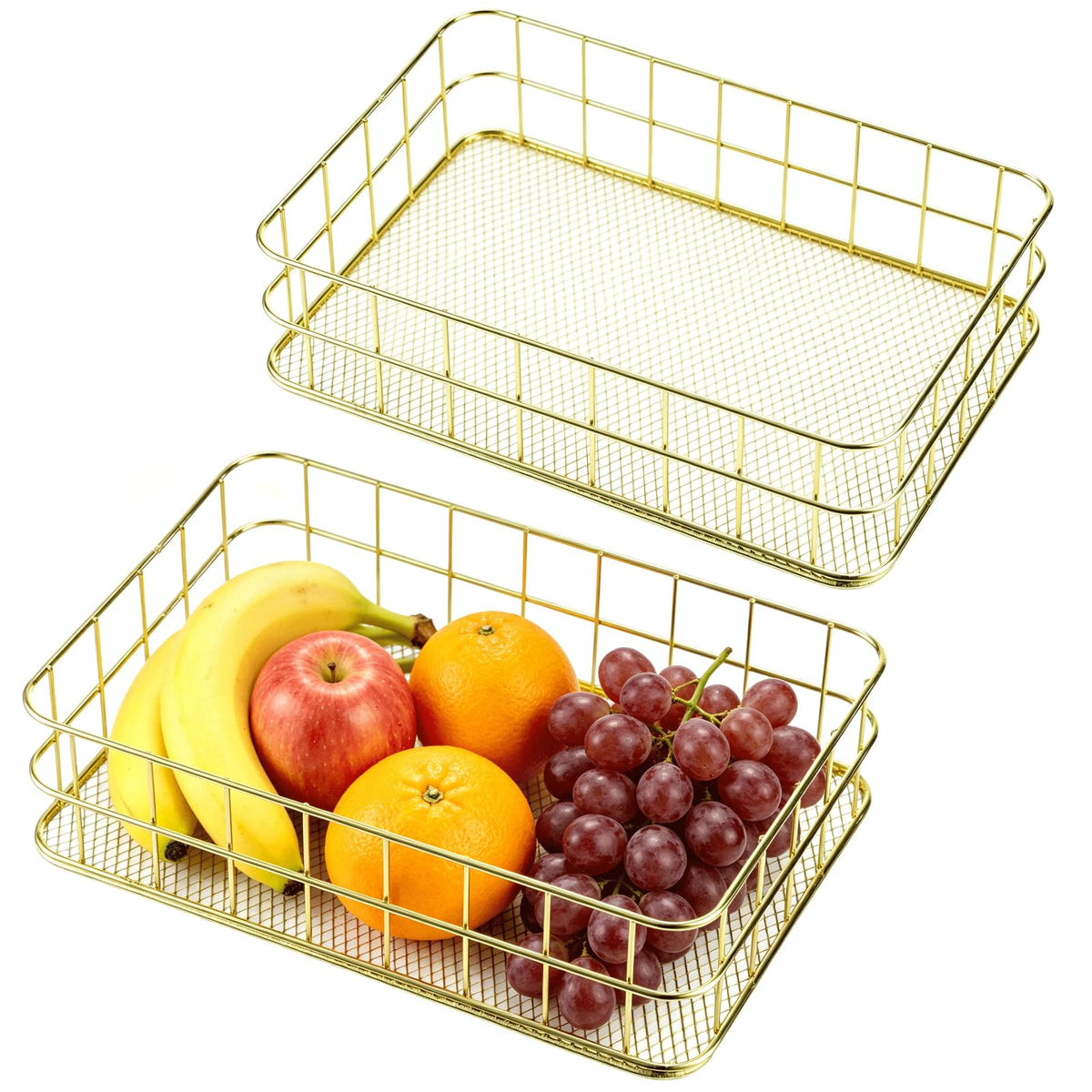 2 PCS Golden Metal Storage Baskets, Wire Desktop Organizer Tray 24.5 x 16.5 x 6.5 cm