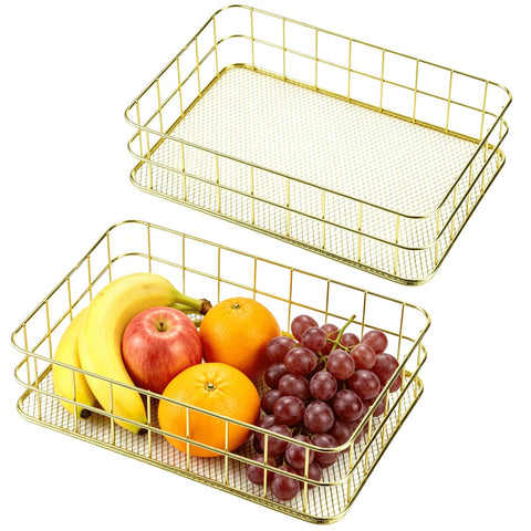 2 PCS Golden Metal Storage Baskets, Wire Desktop Organizer Tray 24.5 x 16.5 x 6.5 cm