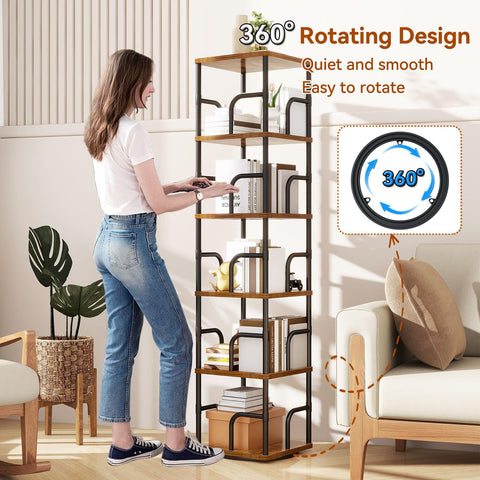 IBUYKE 6 Tier Rotating Bookshelf,Square Bookcases,Brown TBC005H