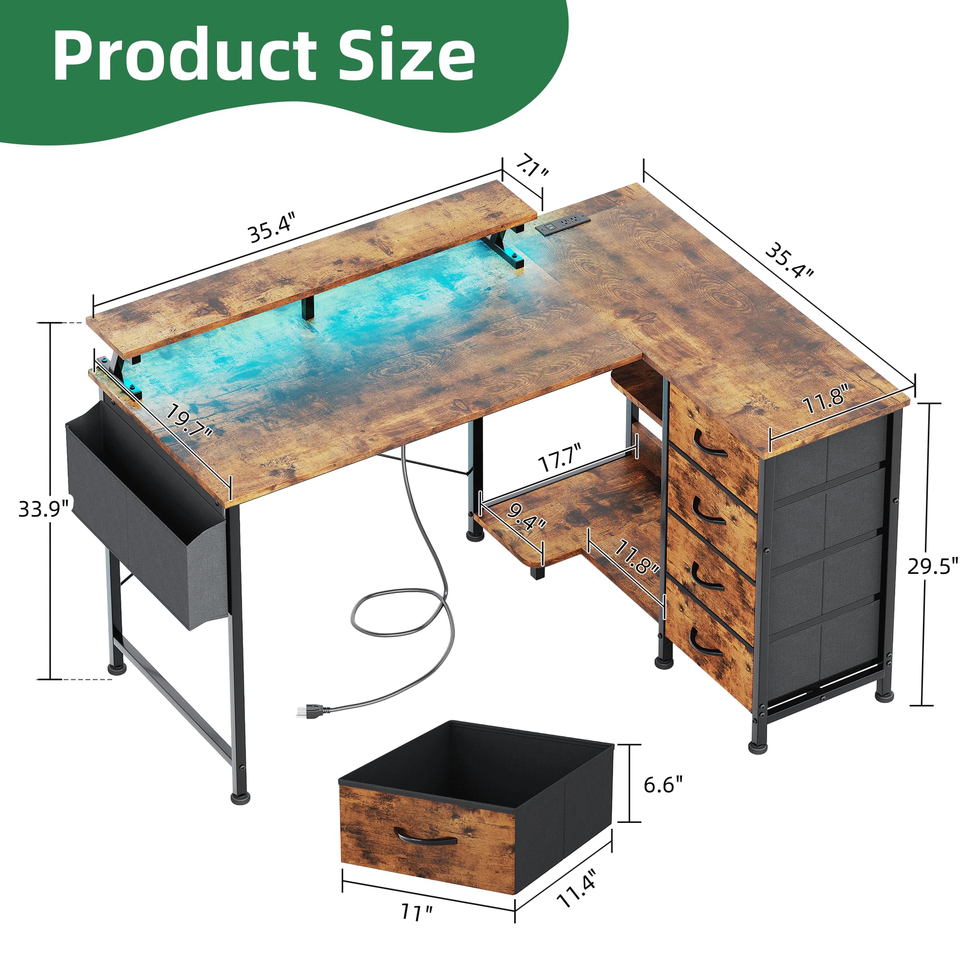 VERMESS Corner Desk with 4 Drawers, L Shaped Computer Desk with LED Lights & Power Outlets