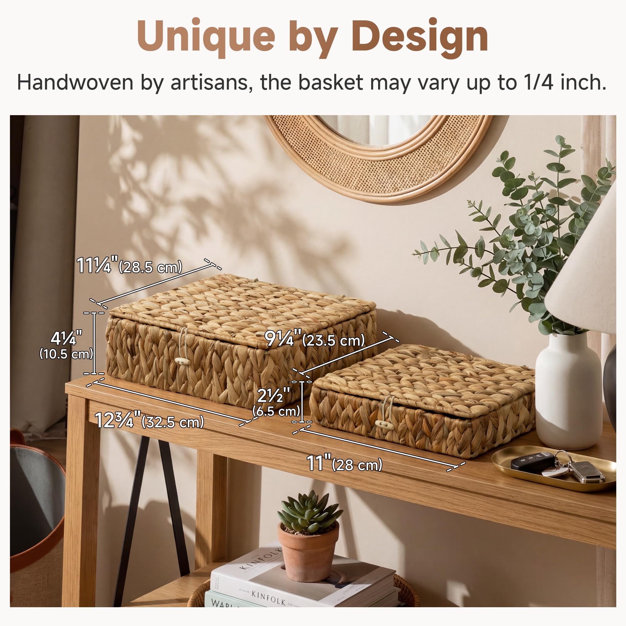 StorageWorks Wicker Storage Baskets with Lids, Flat Water Hyacinth Storage Boxes with Lids, Handmade Storage Boxes with Lids